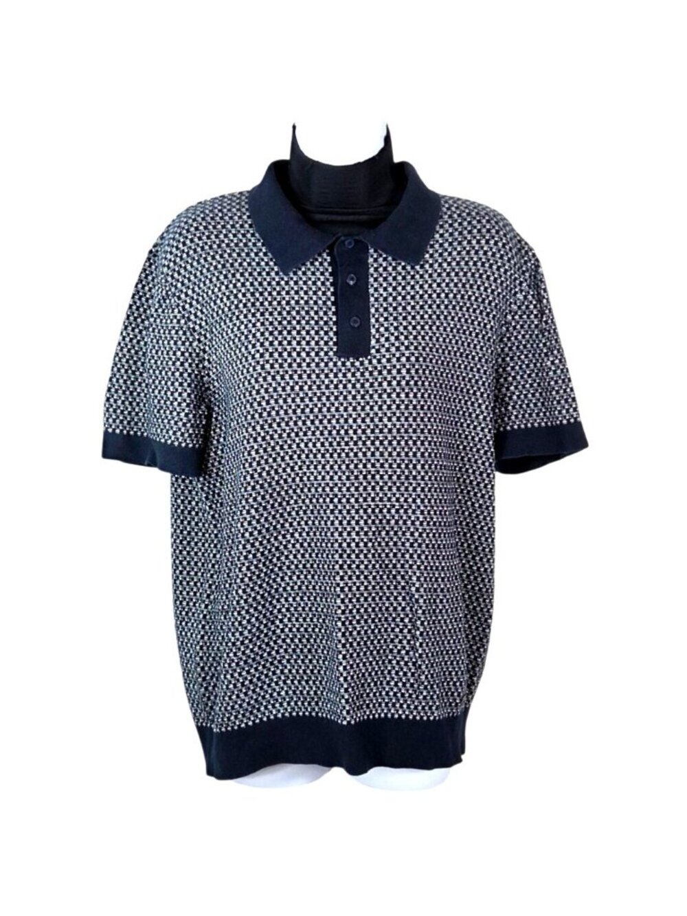 Karl Lagerfeld Mens Medium Navy & White Textured Cotton Polo Shirt